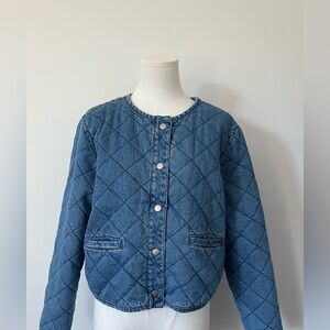 Quilted Vintage Wash Denim Cropped Jacket Diamond Stitch Minimalist
French Style